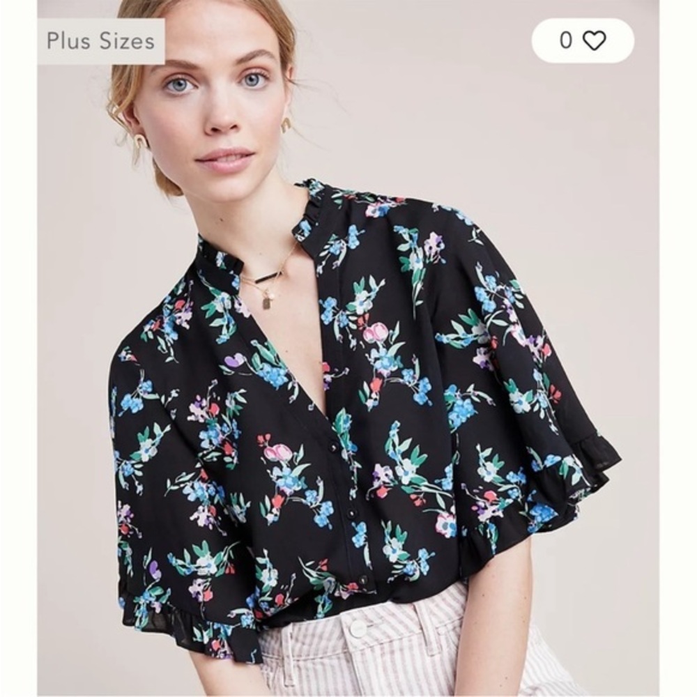 Maeve by Anthropologie Aveiro Black Floral Flutter Sleeve Button Down Top